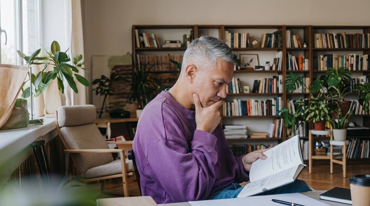 Person reviewing a notebook at home