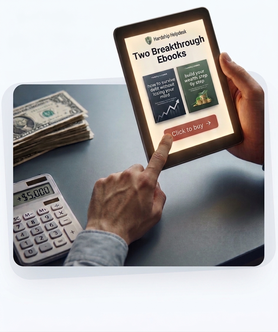 Two Hardship Helpdesk ebooks displayed on a tablet