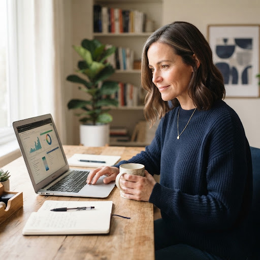 Professional woman at home workspace, looking calm and focused